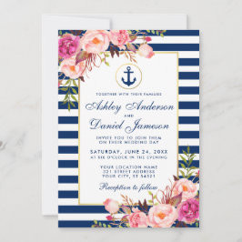Invitación floral rosa de franjas azul boda