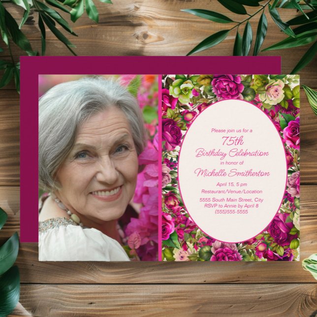 Invitación Floral rosa de Fuchsia 75th Birthday Photo (Fuchsia/pink 75th birthday party photo invitation)