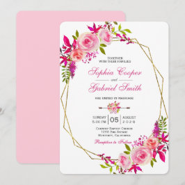 Invitación Floral rosa de Fuchsia Rosa | Boda de marco dorado