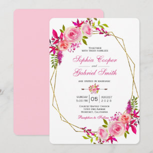 Invitación Floral rosa de Fuchsia Rosa   Boda de marco dorado