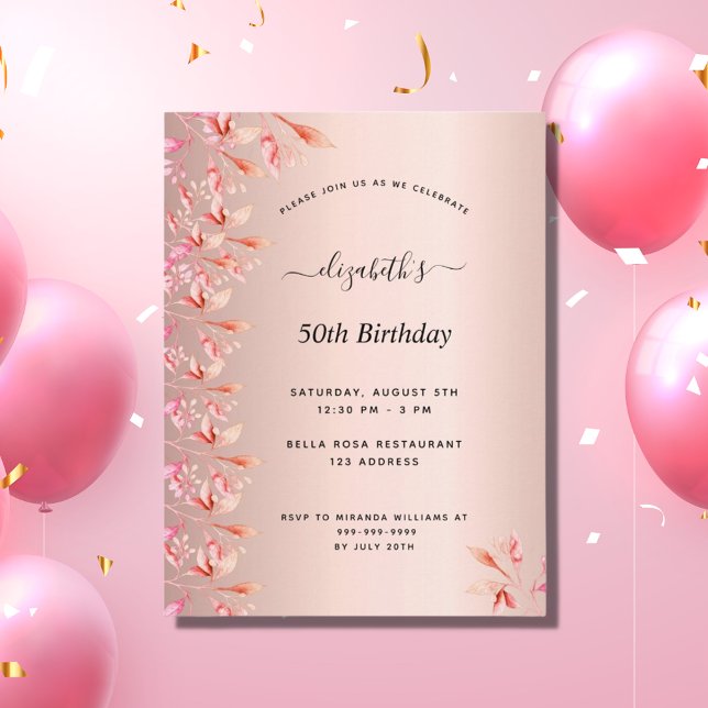 Invitación floral rosa de la fiesta de cumpleaños  (Subido por el creador)
