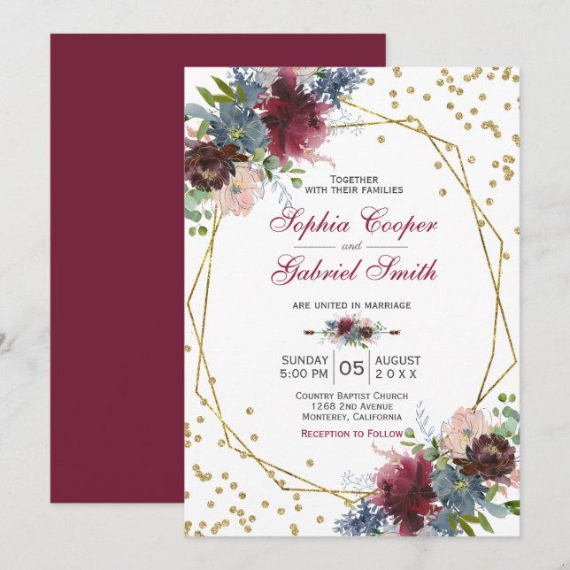 Invitación Floral rosa de la Marina de Borgoña | Boda de marc (Anverso / Reverso)