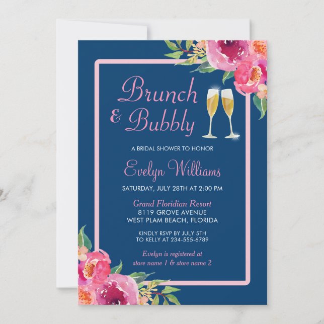 Invitación Floral rosa de la marina de ducha de novia brunch  (Anverso)