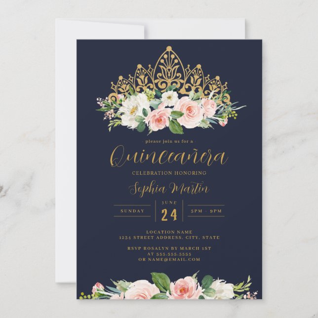 Invitación Floral rosa de la marina de oro Tiara Quinceanera (Anverso)