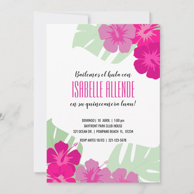 Invitación Floral rosa de la quinceañera TROPICAL LUAU (Anverso)