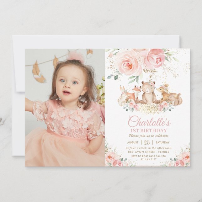 Invitación Floral rosa de los animales de Woodland Foto de pr (Anverso)