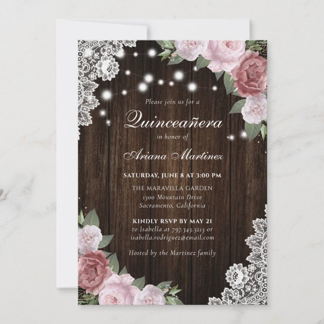 Invitación Floral rosa de madera rústica Rubor Quinceañera (Anverso)