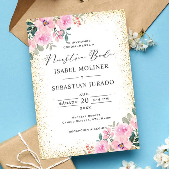 Invitación Floral rosa de marco dorado Nuestra Boda Español (Subido por el creador)