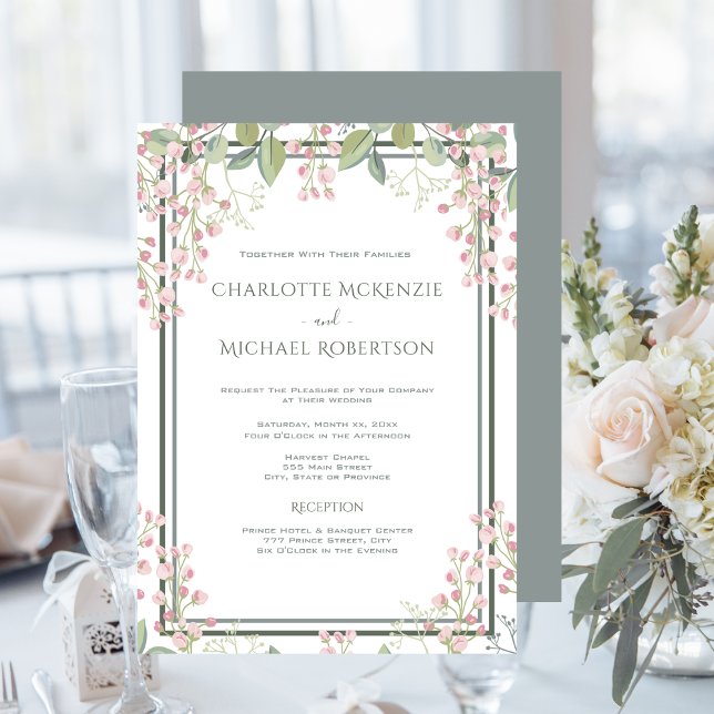 Invitación Floral rosa de primavera con Boda RSVP (Spring Blossoms, Pink Blush, Mint Green, Wedding Invitation)