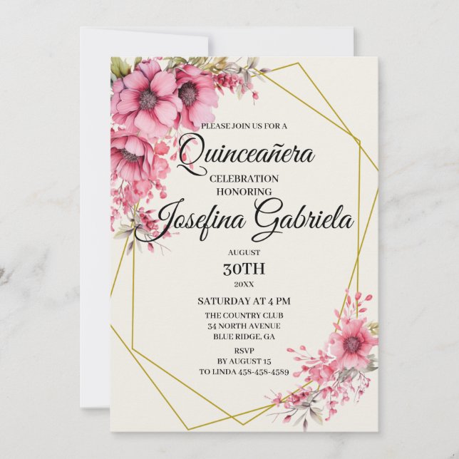 Invitación floral rosa de Quinceañera (Anverso)