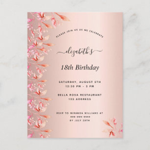 Invitación floral rosa de rosa de 18 años
