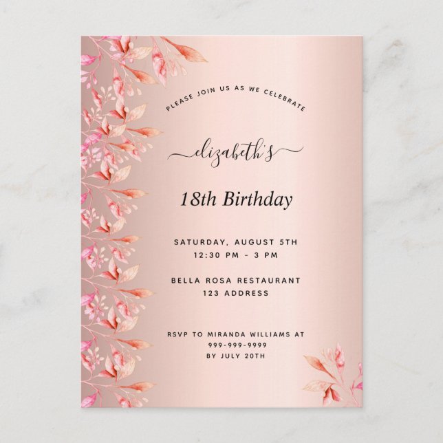 Invitación floral rosa de rosa de 18 años (Anverso)