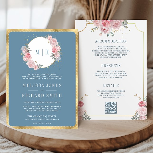 Invitación Floral rosa de Rubor, azul en un solo Boda (Subido por el creador)