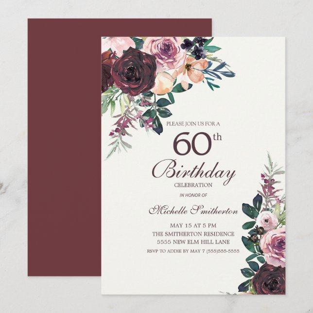 Invitación Floral rosa de Rubor borgoña deja 60 cumpleaños (Anverso / Reverso)