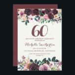 Invitación Floral rosa de Rubor borgoña deja 60 cumpleaños<br><div class="desc">Elegante color burdeos y color de agua rosa negro floral con hojas verdes de salvia en la invitación blanca de la fiesta de cumpleaños 60 con un hermoso tipo de letra de guión caligrafía.</div>