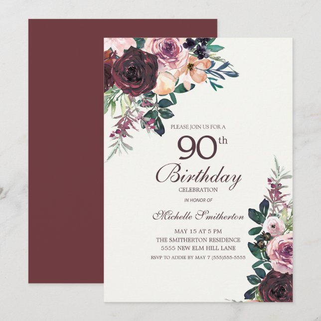 Invitación Floral rosa de Rubor de Borgoña deja 90 cumpleaños (Anverso / Reverso)
