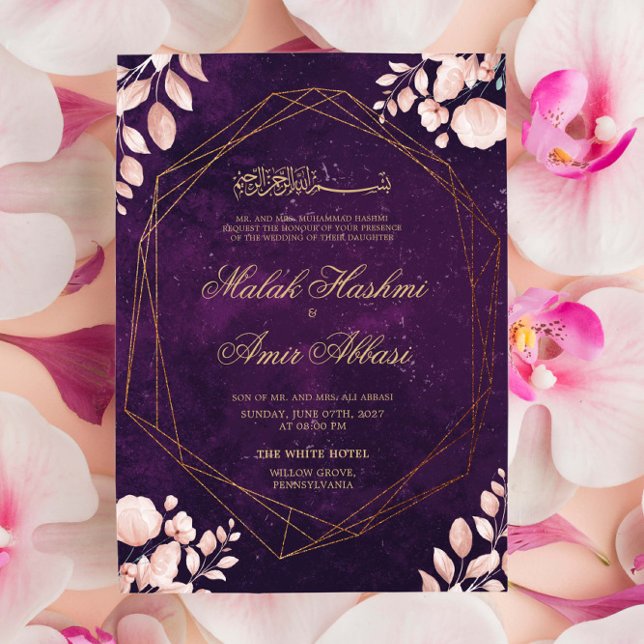 Invitación Floral rosa de Rubor deja Boda musulmana morada (Subido por el creador)