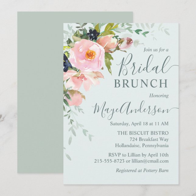Invitación Floral rosa de Rubor sobre brunch nupcial azul cla (Anverso / Reverso)