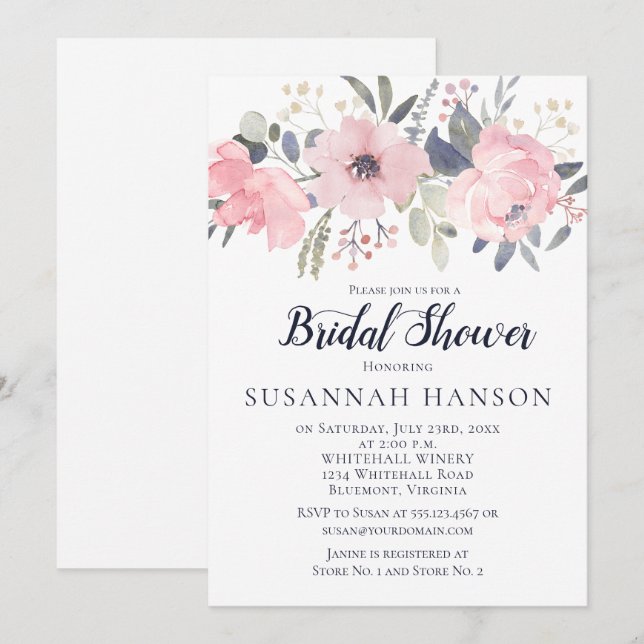 Invitación Floral rosa de Rubor sobre ducha de novia blanca (Anverso / Reverso)