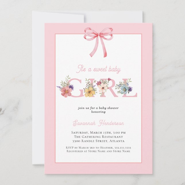 Invitación Floral rosa de vaca es un Baby Shower Chica (Anverso)