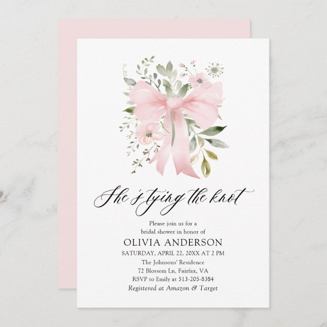 Invitación Floral rosa de vaca está atando la ducha nupcial (Anverso / Reverso)
