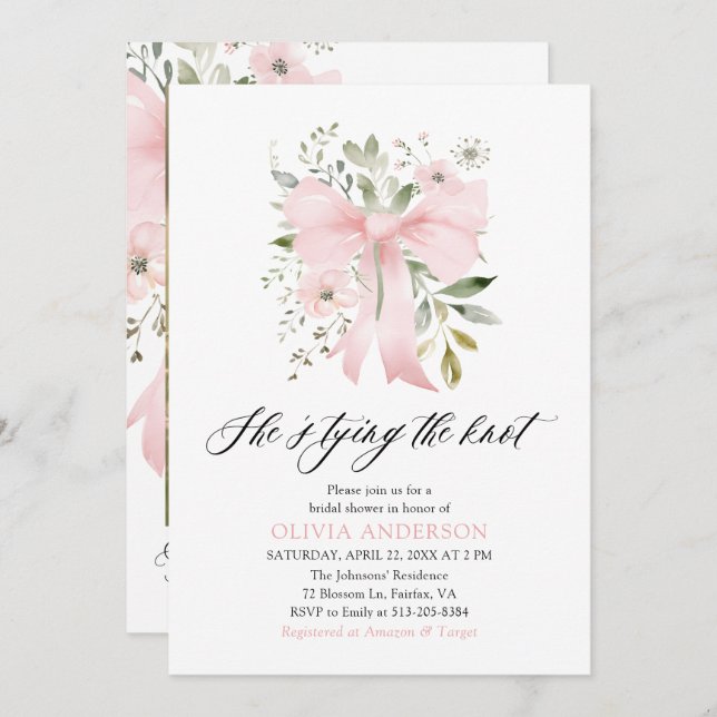 Invitación Floral rosa de vaca está atando la ducha nupcial (Anverso / Reverso)