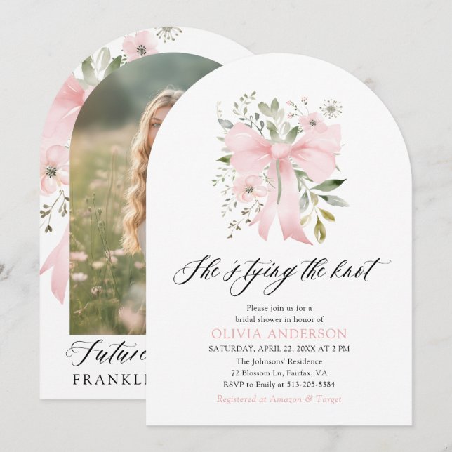 Invitación Floral rosa de vaca está atando la ducha nupcial (Anverso / Reverso)