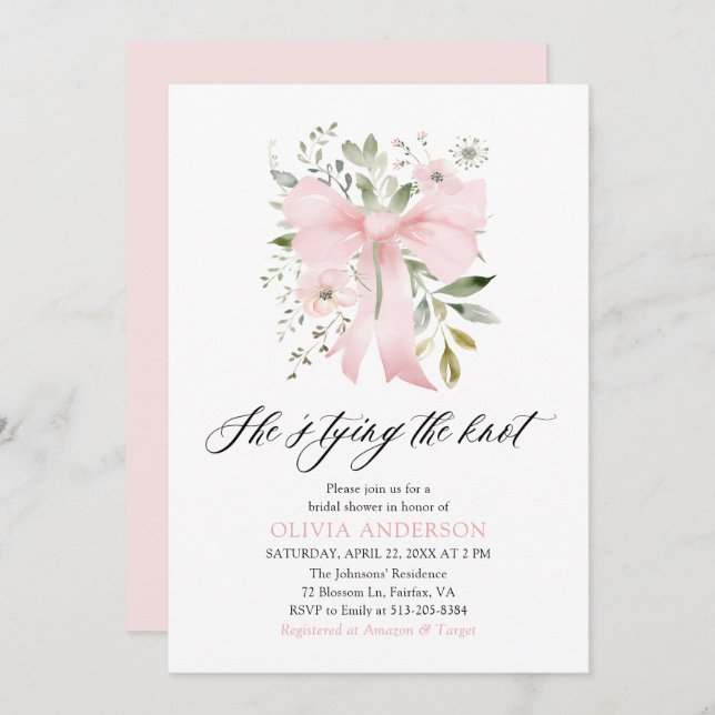 Invitación Floral rosa de vaca está atando la ducha nupcial (Anverso / Reverso)