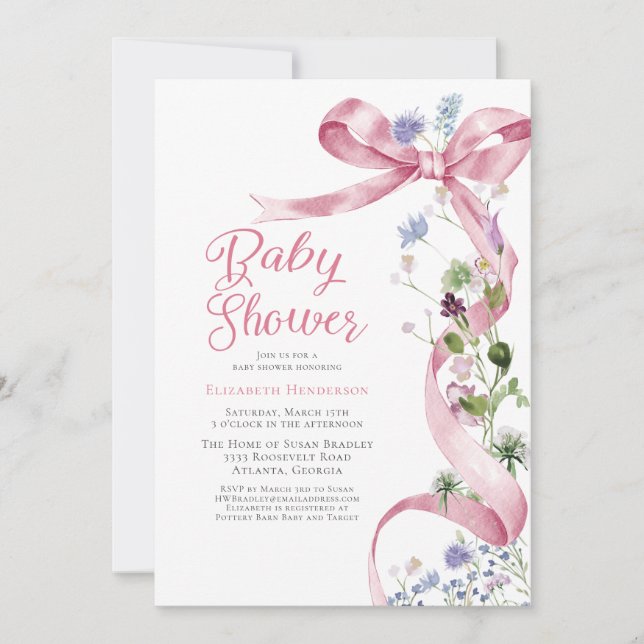 Invitación Floral rosa de vaca silvestre Baby Shower (Anverso)