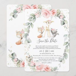 Invitación Floral rosa de Woodland salva el nombre del bebé