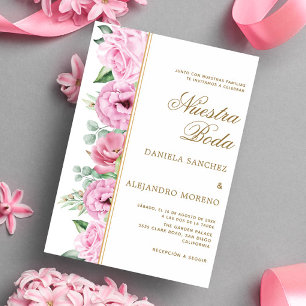 Invitación Floral rosa deja a Nuestra Boda Boda española