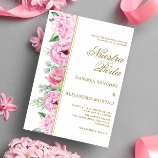 Invitación Floral rosa deja a Nuestra Boda Boda española