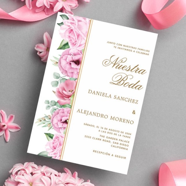 Invitación Floral rosa deja a Nuestra Boda Boda española (Subido por el creador)