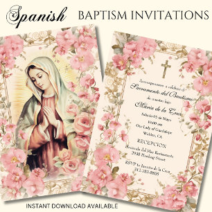 Invitación Floral rosa del bautismo de Guadalupe de España