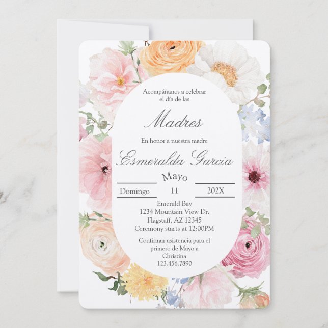 Invitación floral rosa día de las madres (Anverso)