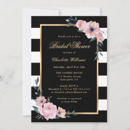 Invitación Floral rosa dorada Black Stripes Bridal Shower