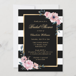 Invitación Floral rosa dorada Black Stripes Bridal Shower