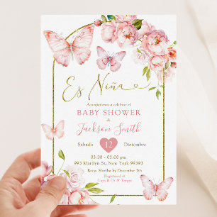 Invitación Floral rosa dorada Es Nina Mariposa Baby Shower
