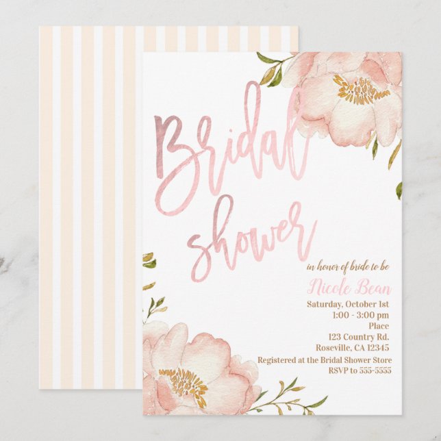 Invitación Floral rosa dorada floral moderna elegante ducha d (Anverso / Reverso)