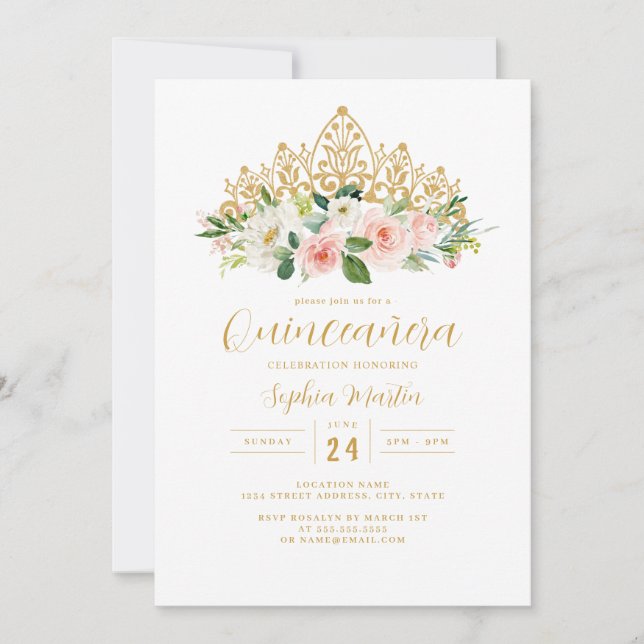Invitación Floral rosa dorada Tiara Quinceanera (Anverso)