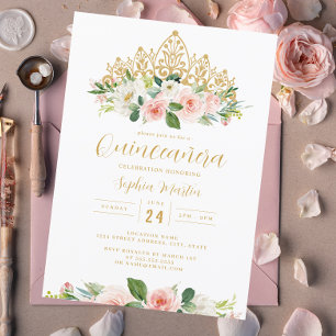 Invitación Floral rosa dorada Tiara Quinceanera