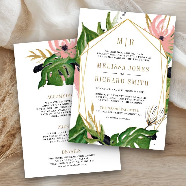 Invitación Floral rosa dorada tropical salvaje todo en un Bod (Subido por el creador)