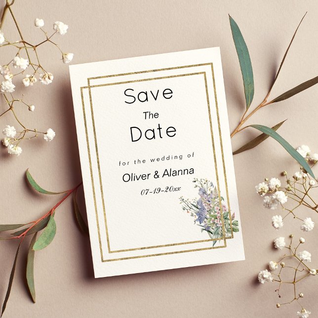 Invitación Floral rosa dorado geométrico blanco Guardar la fe (Geometric white gold pink floral Save The Date)