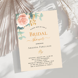 Invitación Floral rosa dorado verde beige Bridal Shower