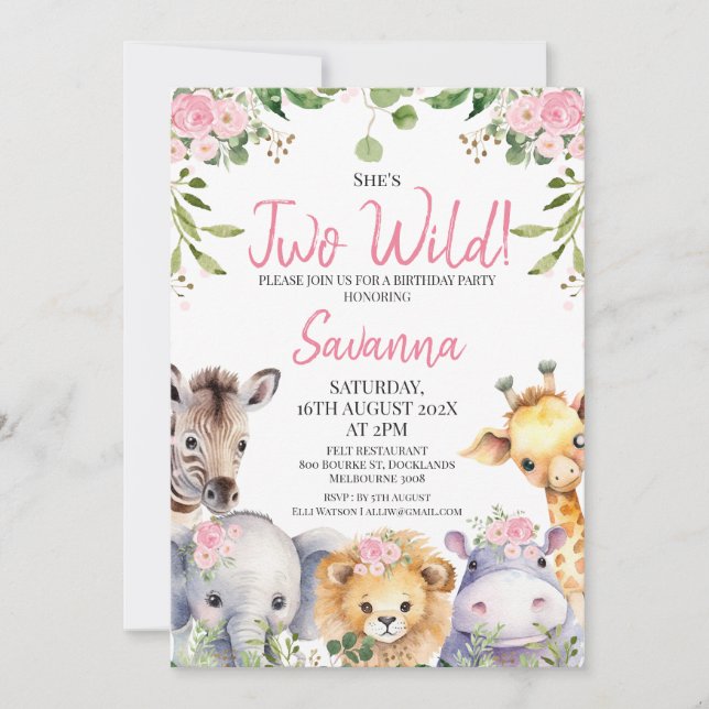 Invitación Floral rosa dos animales salvajes de Safari segund (Anverso)