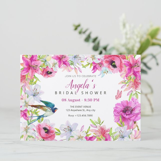 Invitación Floral rosa ducha artística de novia (Anverso de pie)