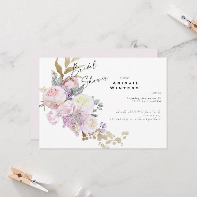 Invitación Floral rosa ducha de novia (Anverso/Reverso In Situ)