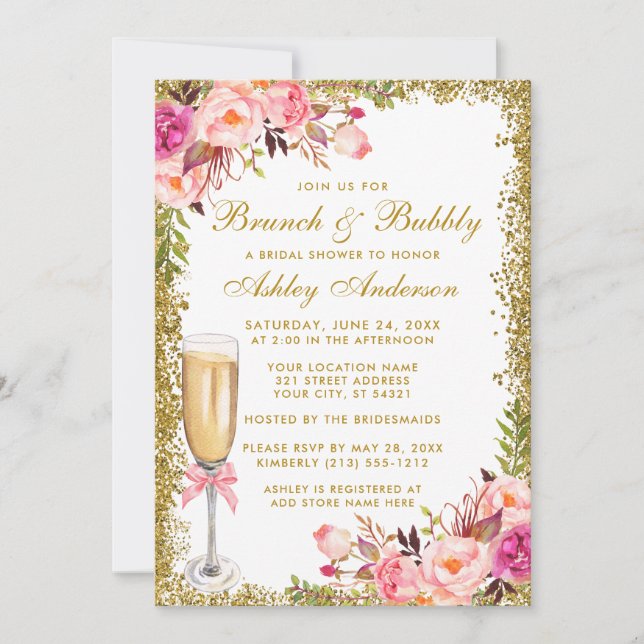 Invitación Floral rosa ducha de novia Brunch Bubbly Purpurina (Anverso)