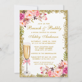 Invitación Floral rosa ducha de novia Brunch Bubbly Purpurina