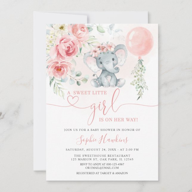 Invitación Floral rosa dulce Niña Elefante Baby Shower (Anverso)